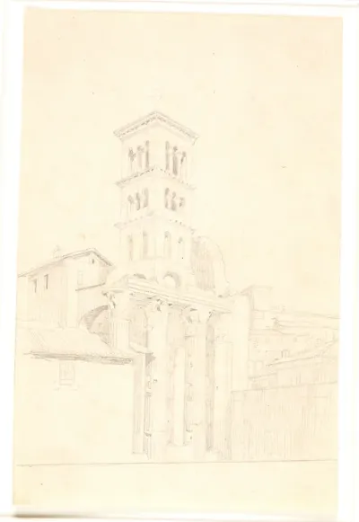 Søjlerække fra Mars Ultors tempel. I baggrunden et kirketårn, S.S. Quirico e Giulitta