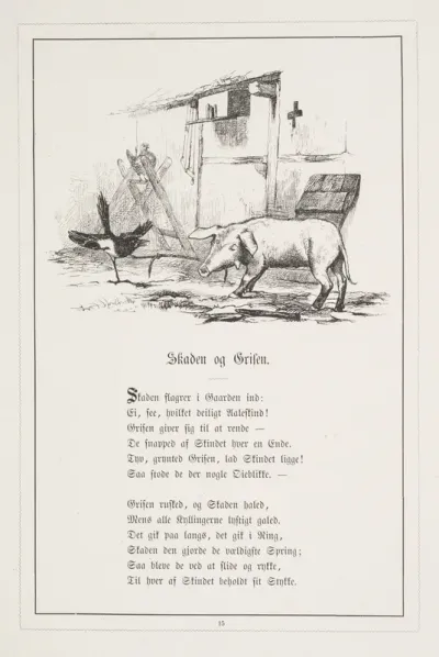 Skaden og Grisen. Illustration til H.V. Kaalund, "Fabler for Børn"