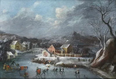 Skaters on a frozen lake, before a winter landscape