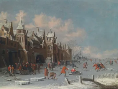 Skaters on the Ice Outside the Gates of a Dutch City