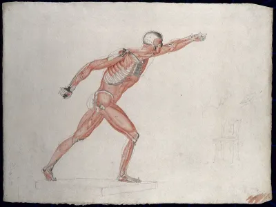 Skeletal and myologic structure of the 'Borghese Gladiator' statue: the figure is presented as an écorché, while pencil sketches of a chair etc