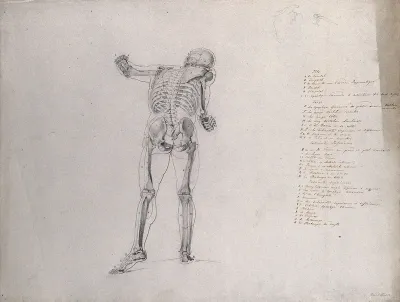 Skeletal structure of the 'Borghese Gladiator' statue, seen from behind, with a small pencil sketch of a scapula