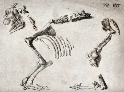 Skeleton fragments of a prehistoric creature, with details showing the teeth