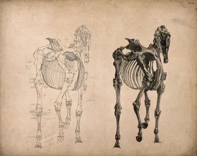 Skeleton of a horse, seen from behind: two figures, one an outline drawing, the other a tonal drawing
