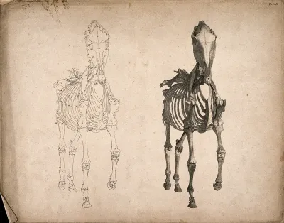 Skeleton of a horse, seen from the front: two figures, one an outline drawing, the other a tonal drawing