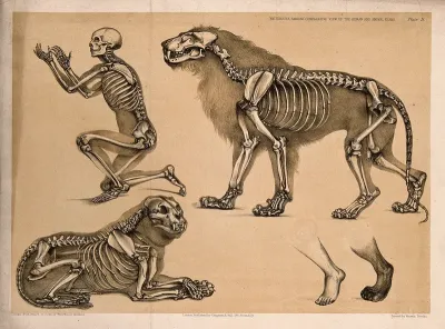 Skeleton of a man, with the those of a male and female lion: five figures, including a comparison between a human foot and that of a lion