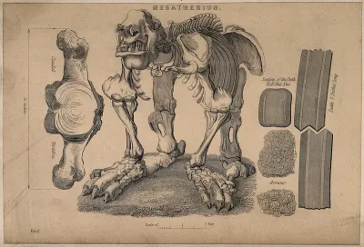 Skeleton of a megatherium, with details showing a vertebra, and sections of the teeth