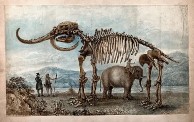 Skeleton of the Missouri Leviathan: the skeleton is shown standing in a pastoral setting, with a Native American shown seated on an elephant to indicate scale, while another Native American and a man in Western dress look on