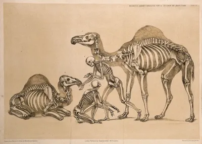 Skeletons of two men standing and kneeling between the skeletons of two camels, one of which is seated
