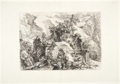 Skeletterne. Dekorativ capriccio med skeletter i forgrunden, Farnese Herkules-statuen til venstre, fyldte urner til højre og en vase i midten