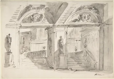 Sketch of a Palace's Interior's Foreshortening with Stairs, Statues and Ornaments