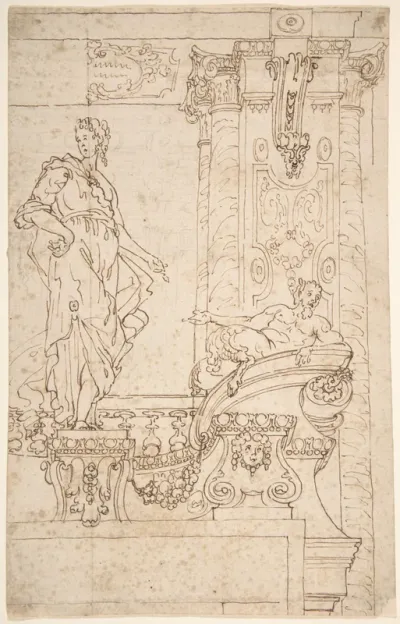 Sketch of Balcony and Pier (?) With Standing Female and a Reclining Satyr