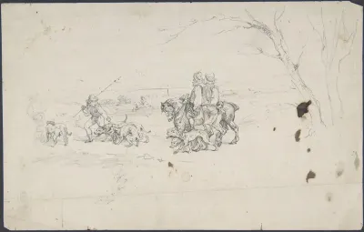 Sketch of horsemen with dogs
