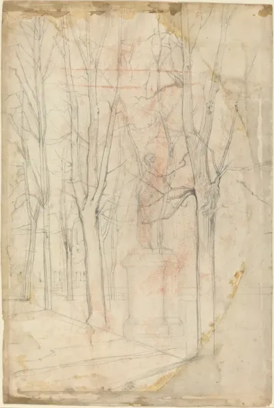 Sketch of Trees with a Statue on a Pedestal