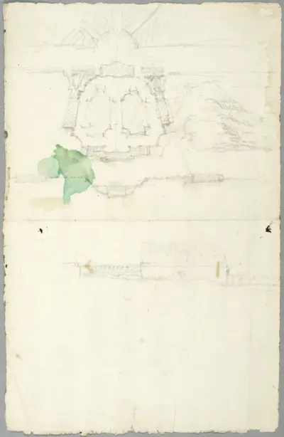 Sketch/proposal: plan for Svartsjö with the gardens, with section through the terrain