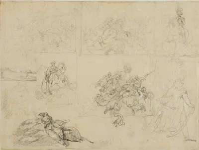 Sketches of A Cavalry Battle, Soldiers, and a Landscape