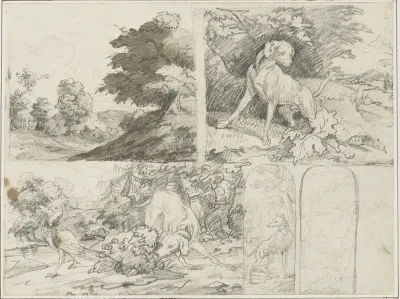 Sketches of a Wooded Site, Dogs and Pheasants in Landscape