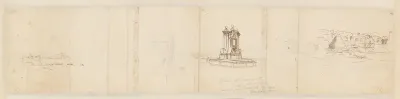 Sketches of Anzio, a Fountain and a Boat / Recto: Panorama of the Bay and Cities of Anzio and Nettuno