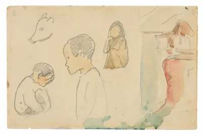 Sketches of Crouching and Standing Figures, a Pig, and a Hut at Water’s Edge