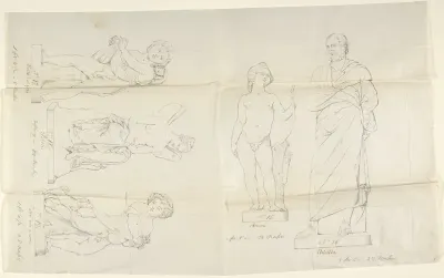 Sketches of five statues:  Love, Aristides, Putto with a Cat, Psyche, and Putto with a Dog