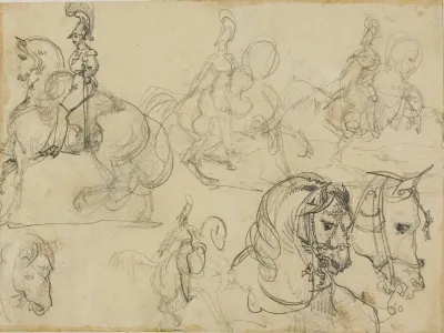 Sketches of Mounted Carabiniers and Heads of Horses