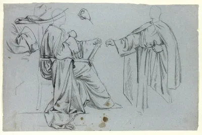 Sketches of Seated and Standing Monks, Drapery, and a Hand