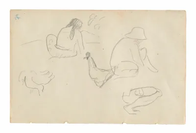 Sketches of Seated Figures and Chickens (recto), Nude Female Torso (related to the painting Te a no areois [The Seed of the Areoi]) (verso), from the Carnet de Tahiti (Tahitian sketchbook)