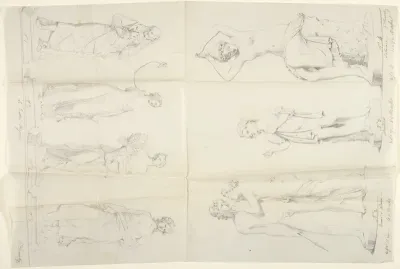 Sketches of seven sculptures: The Four Seasons, Venus and Adonis, a Beggar, and Salmacis