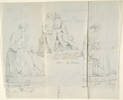 Sketches of seven statues: Faith, Paolo and Francesca di RImini, Charity, Ceres, Heavenly Venus, Dancer, and Sleeping Cupid
