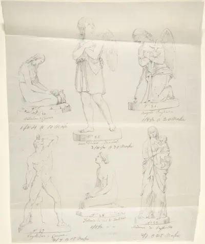 Sketches of six statues: Magdalen by Canova, Divine Love by Bienaimé, Praying Angel, Boxer by Canova, Trust in God by Bartolini, and Madonna by Raphael