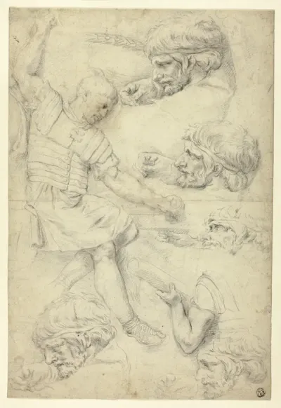 Sketches of Soldier, Heads, from Roman Relief (recto); Sketches of Male Nudes, from Roman Relief (verso)