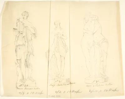 Sketches of three statues: Diana, Nymph Bathing and Cupid and Pysche