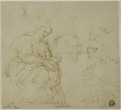 Sketches of Virgin and Child, Seated Figure, and Landscape