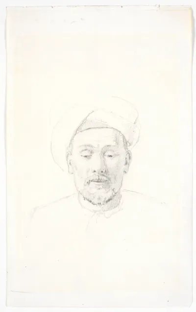 Skægget mandsportræt, set en face, med turban