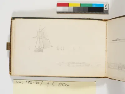Skibe på havet (og en del af landskabsskitsen på 17 recto)