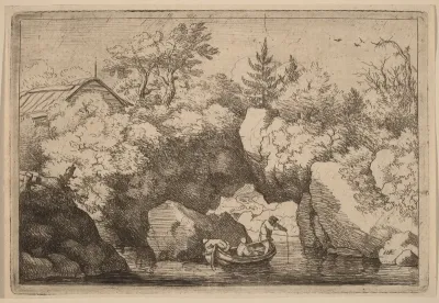 Skiff under a Cleft Rock