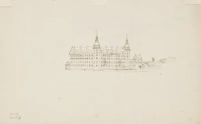 Skitse af Frederiksborg slot set fra søen, audienshuset t.h.