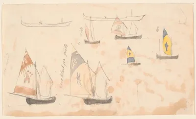 Skitsebogsblad med studier af venetianske sejlbåde.