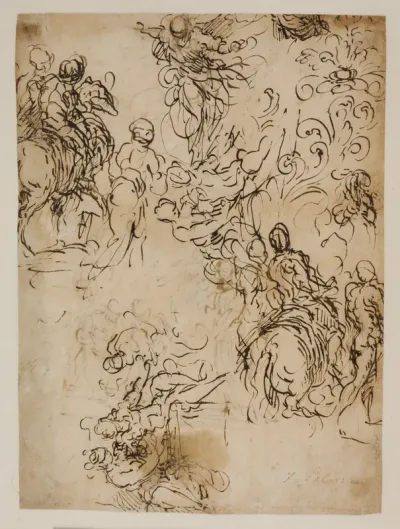 Skitser til Kristus svævende i luften, ryttere, et siddende par og blomsterornamentik