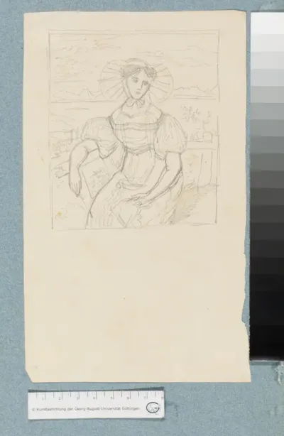 Skizze zum Bildnis einer Frau mit Haube vor Lanschaft mit Bergen und See