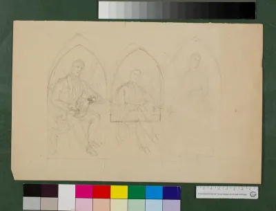 Skizzen zu Portraits von Ehepartnern  jeweils unter Spitzbögen (vermtl. Wilhelmine und Georg Ludwig Friedrich Laves)