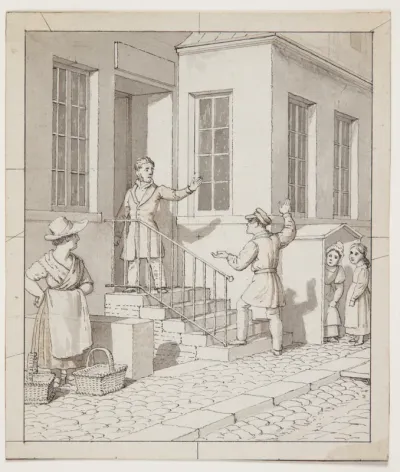 Skænderi på gadetrappen. Forstudie til "Linearperspectiven anvendt paa Malerkunsten", Tavle VII, 2