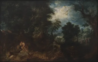 Skovlandskab med Johannes Døberen i ødemarken, Johannes Døberens prædiken og Jesu dåb