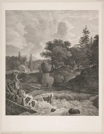 Skovrigt landskab med vandfald og et hus