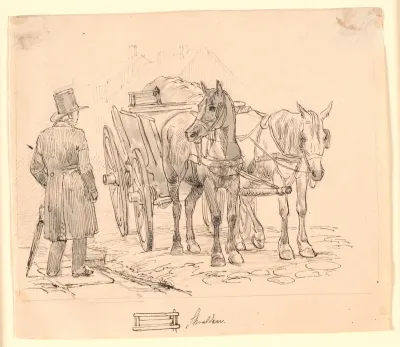 Skraldemandshesten. F.n.m.f. tegning af en skralde. Illustration til Kaalunds "Fabler for Børn". Se kommentar fra arkkatalog.