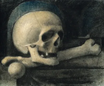 Skull, resting on a femur, in sepulchral setting