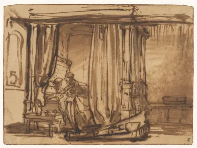 Slaapkamer met Saskia zittend in een hemelbed