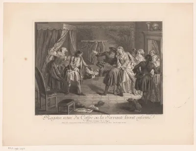 Slaapkamerinterieur met gezelschap en Ragotin in een kist