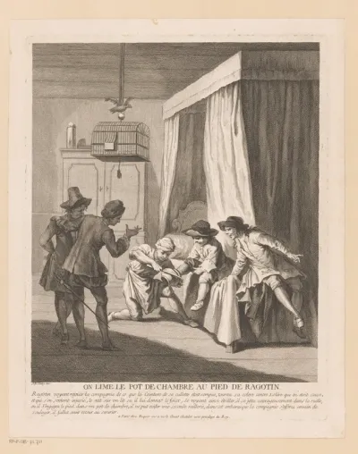 Slaapkamerinterieur met man die een kamerpot van Ragotins voet haalt