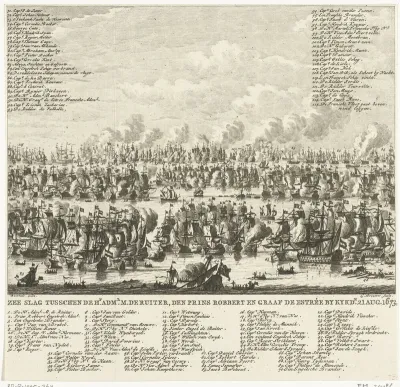 Slag bij Kijkduin waarbij Admiraal Michiel Adriaenszoon de Ruyter de Franse en Engelse vloot verhindert om naar Den Helder te varen op 21 augustus 1673